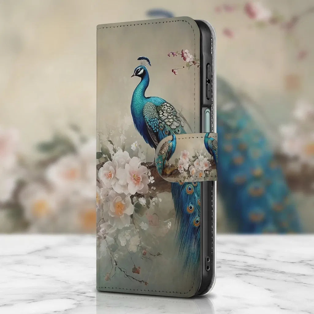 Samsung Galaxy A17 Telefoonhoesje Met Pasjes Vintage Pauw Design voorkant
