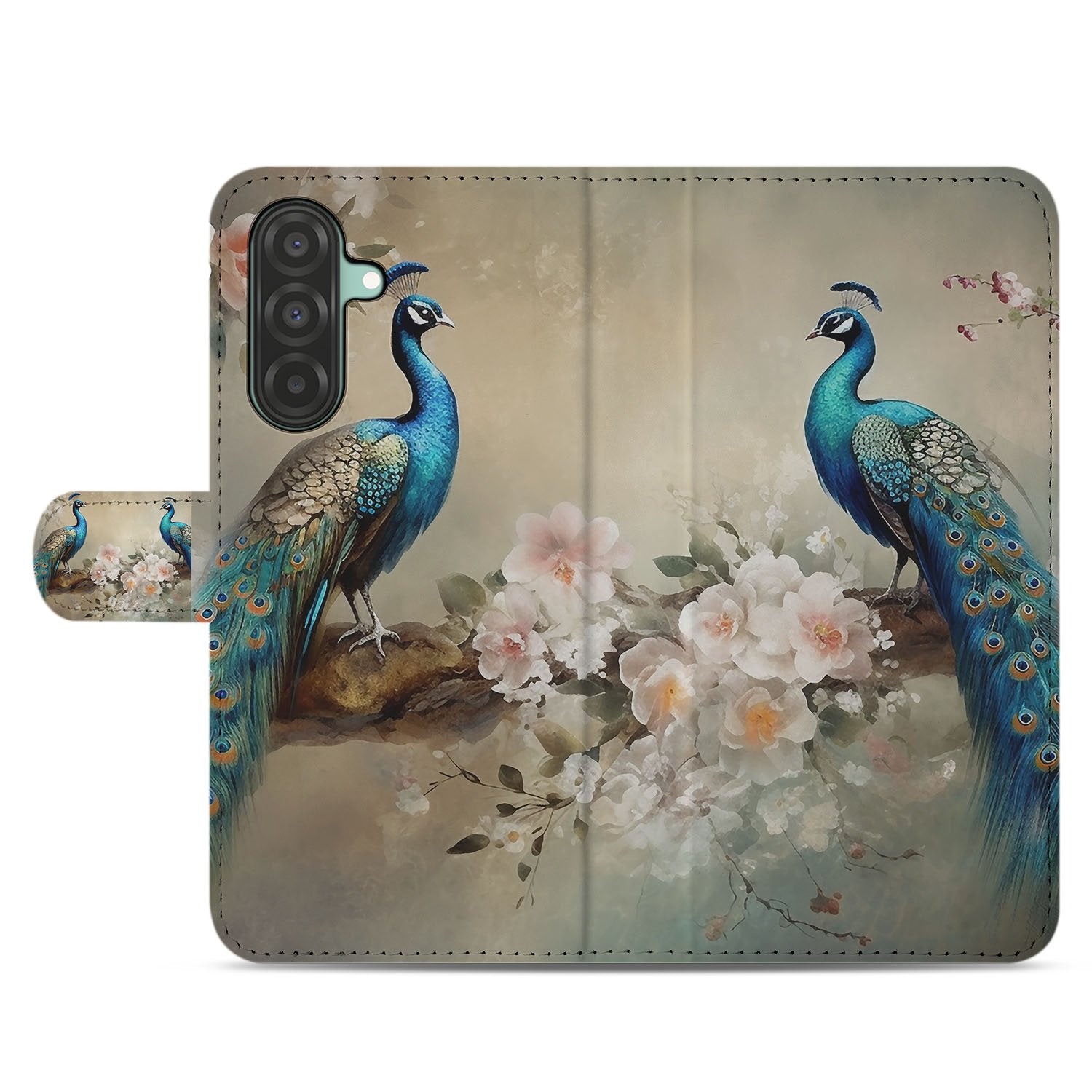 Samsung Galaxy A17 Telefoonhoesje Met Pasjes Vintage Pauw Design voorzijde