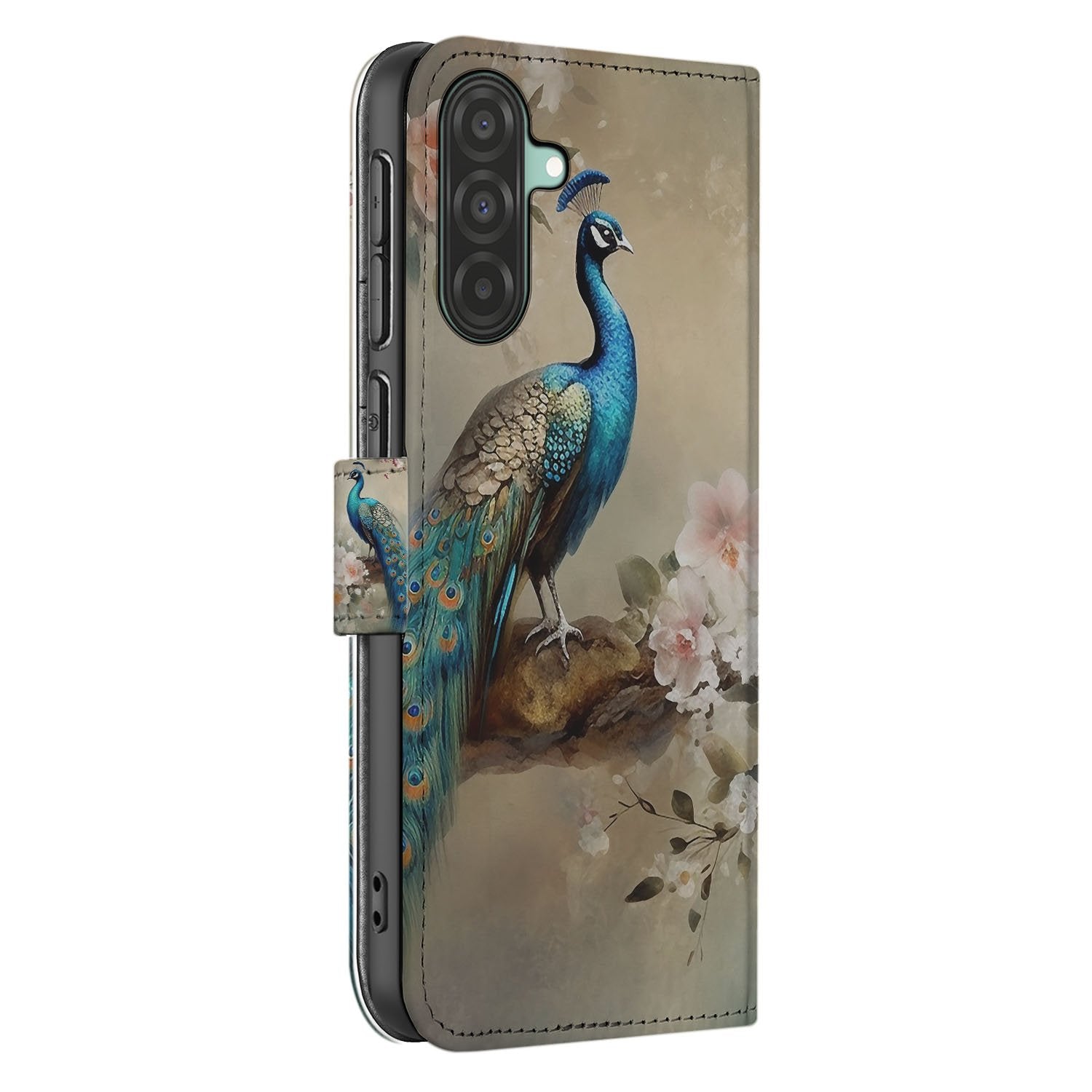 Samsung Galaxy A17 Telefoonhoesje Met Pasjes Vintage Pauw Design zijkant