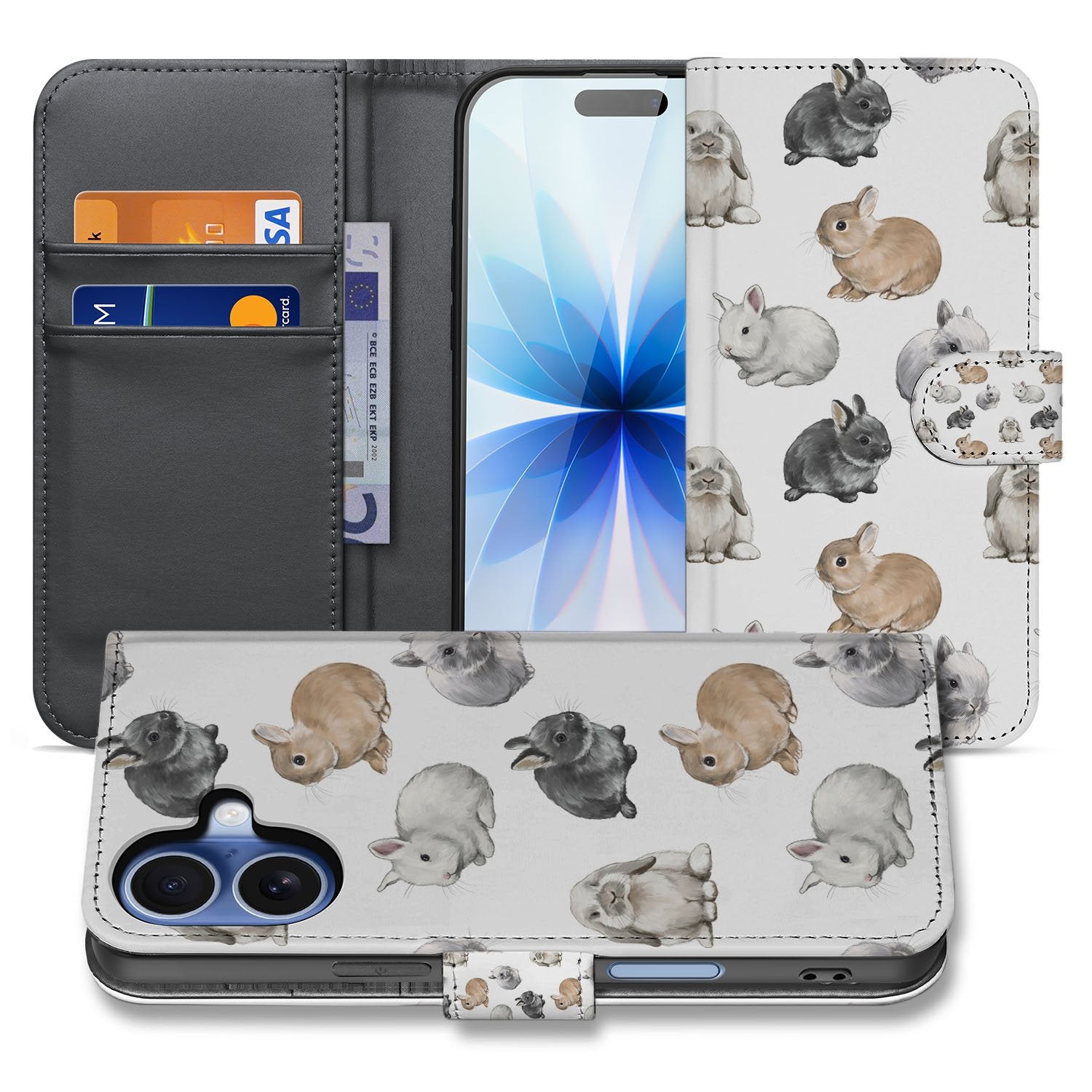 Apple iPhone 17 Telefoonhoesje Met Pasjes Voor Apple iPhone 17 PU Leer Konijntjes bookcase aanzicht