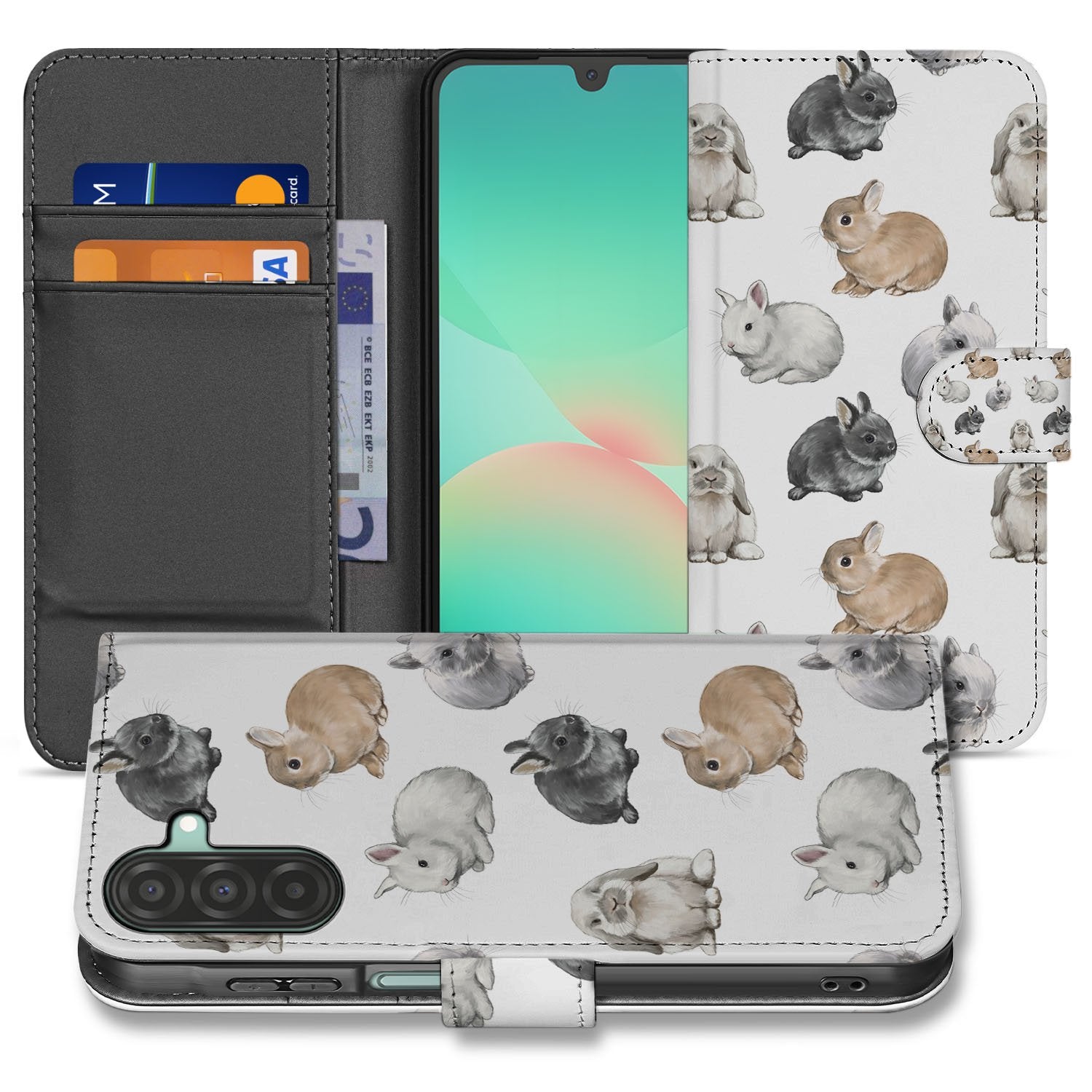 Samsung Galaxy A17 Telefoonhoesje Met Pasjes Konijntjes design voorkant