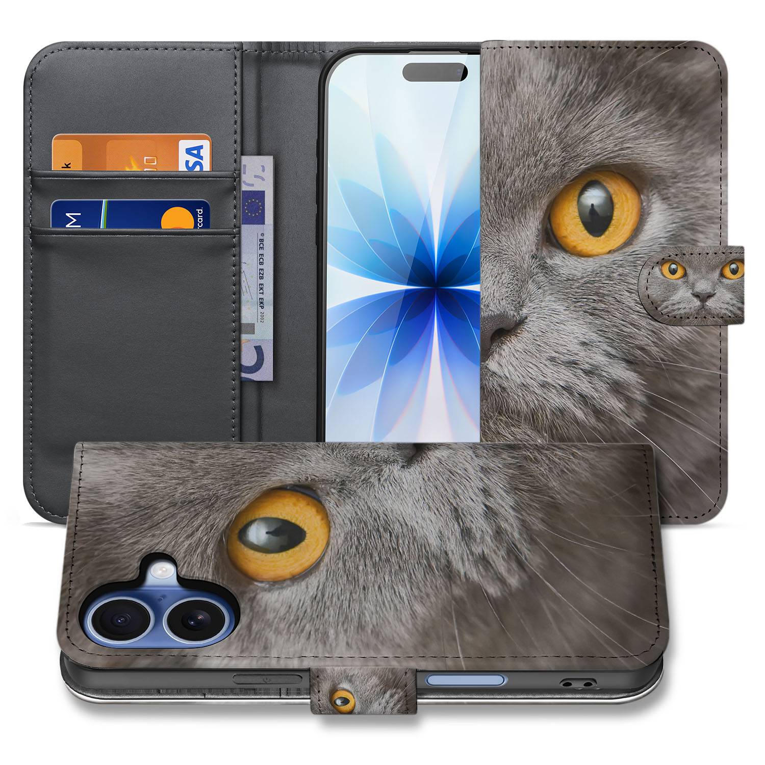 Telefoonhoesje Pasjes Apple iPhone 17 Britse Korthaar Magnetisch boekhoesje grijs gezicht close-up