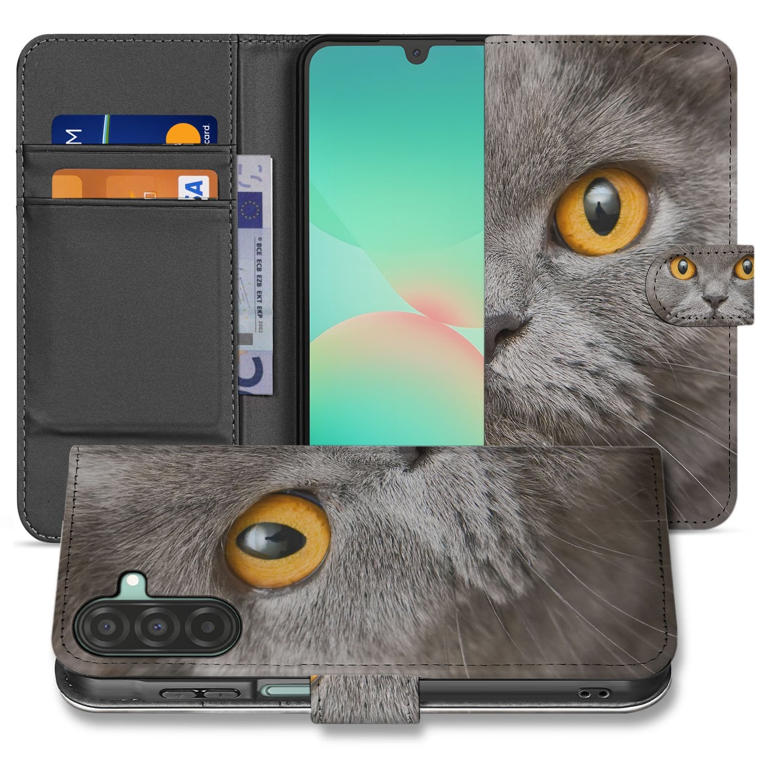 Telefoonhoesje Pasjes Samsung Galaxy A17 Britse Korthaar Magnetisch kattenprint voorkant zijkant