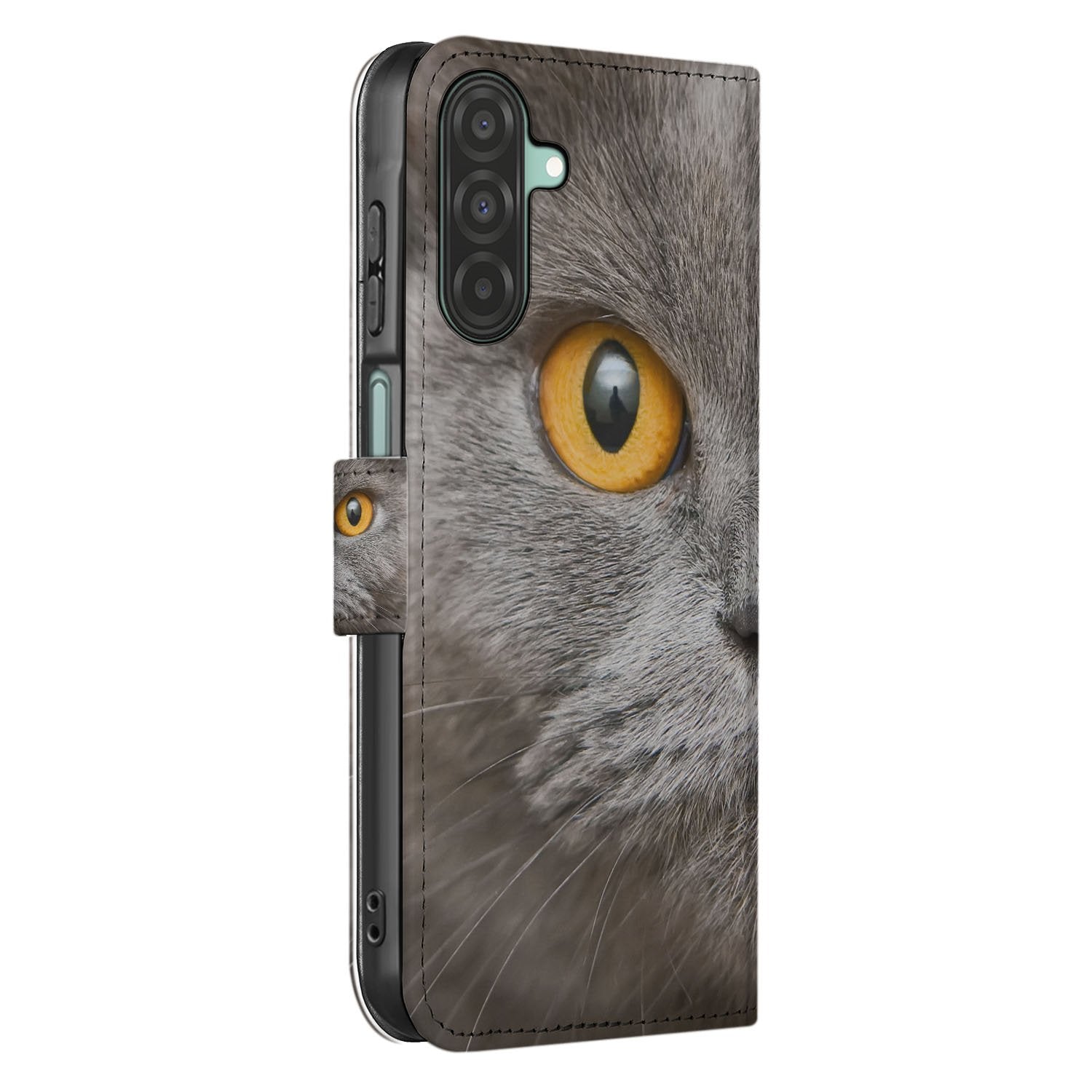 Telefoonhoesje Pasjes Samsung Galaxy A17 Britse Korthaar Magnetisch boekhoesje grijze kat aanzicht
