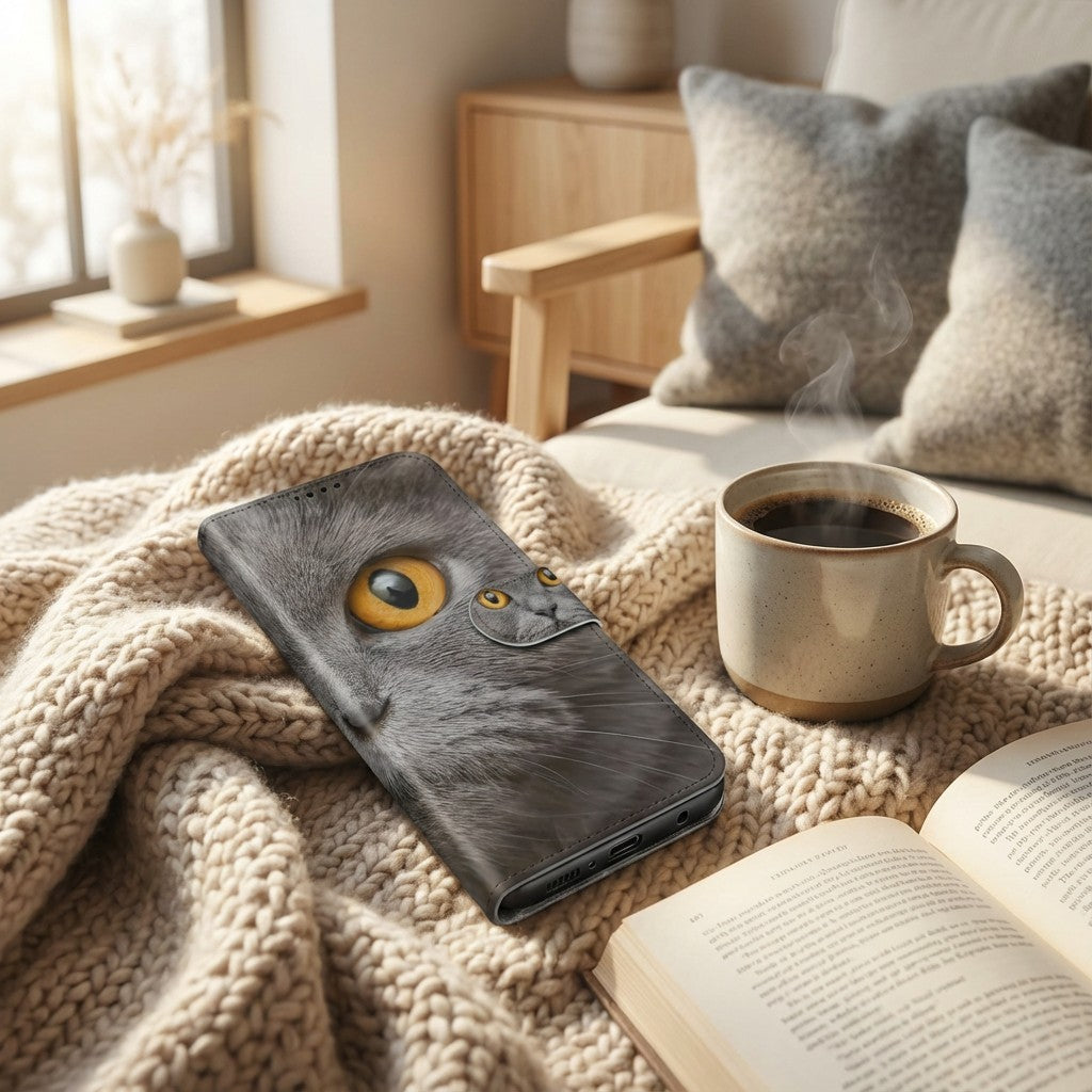Samsung Galaxy A17 Telefoonhoesje Pasjes Britse Korthaar Magnetisch aanzicht op tafel met koffie en boek
