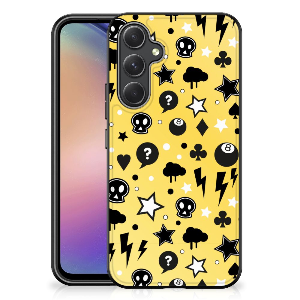 Samsung Galaxy A54 Telefoonhoesje Punk Geel design skulls print voorkant