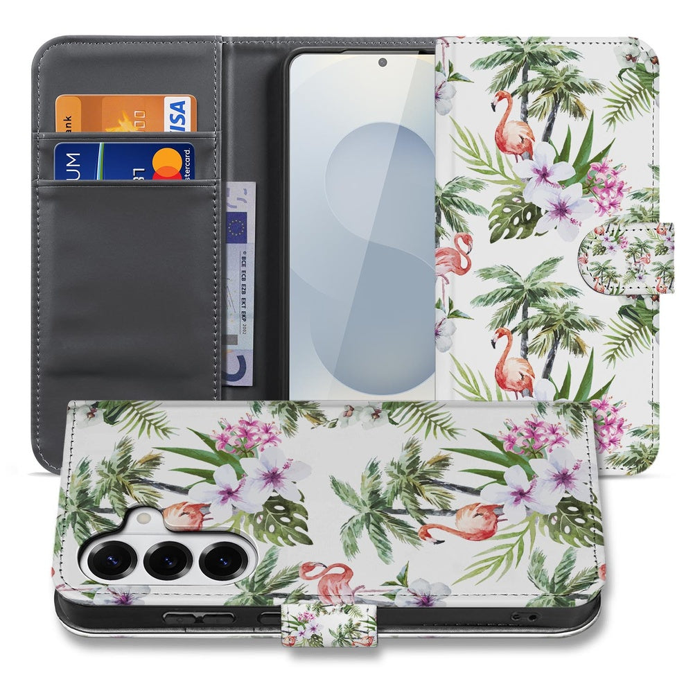 Samsung Galaxy S26 Plus Telefoonhoesje Flamingo Palms Book Case Zijkant .
