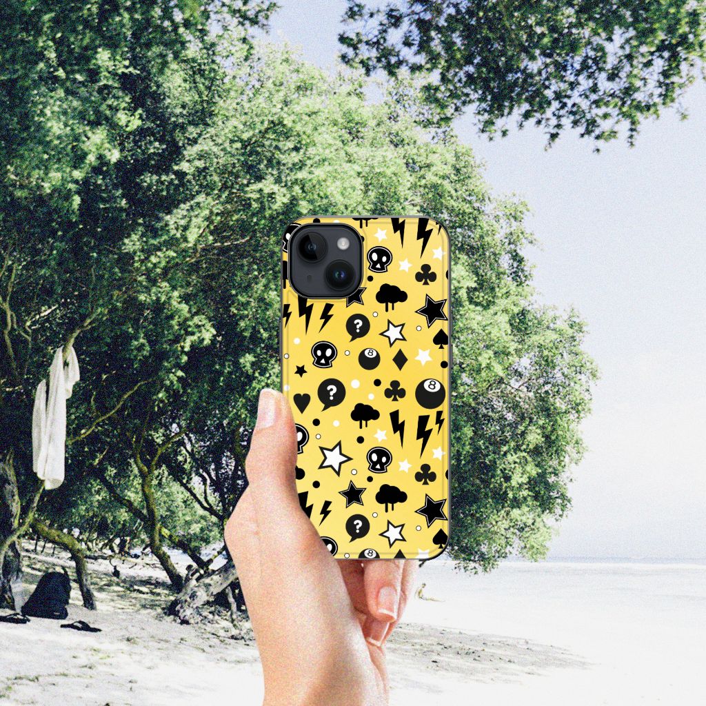 Apple iPhone 15 Telefoonhoesje iPhone 15 Punk Geel skulls print hand