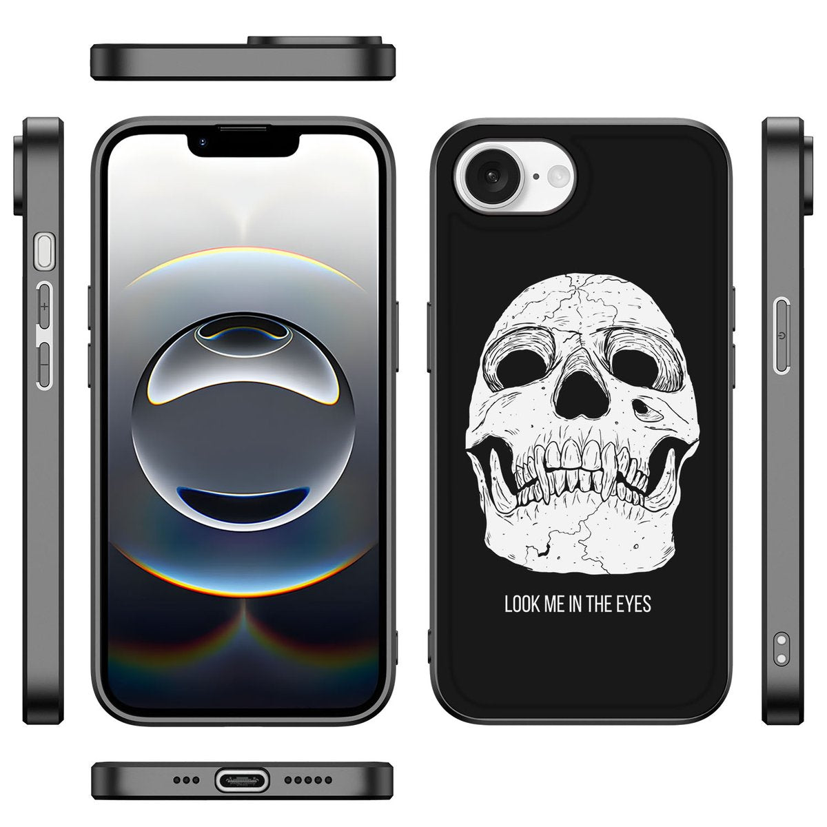 Apple iPhone 16e telefoonhoesje Skull Eyes vooraanzicht zijkanten