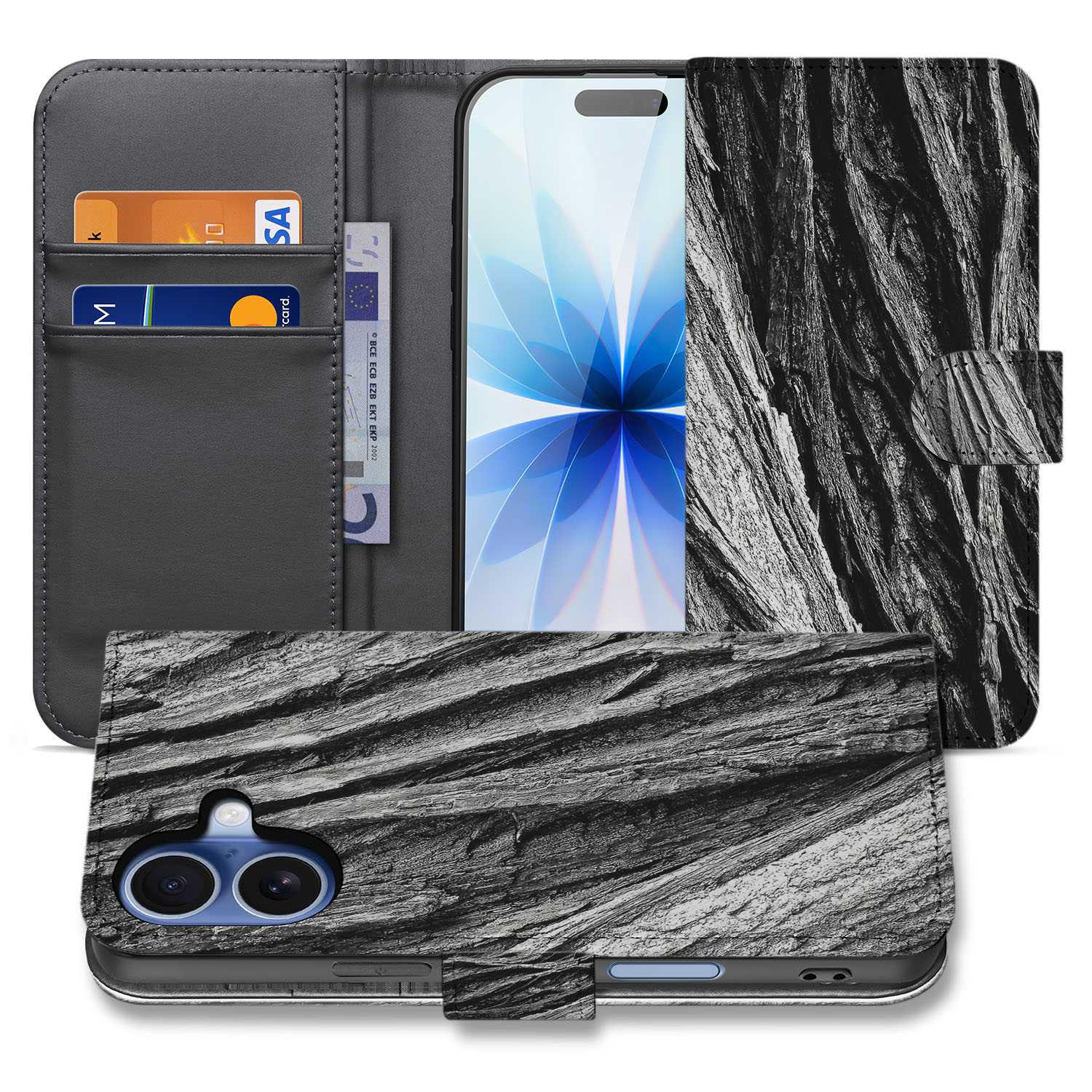 Telefoonhoesje iPhone 17 Boomschors Grijs Rustiek book case voorzijde