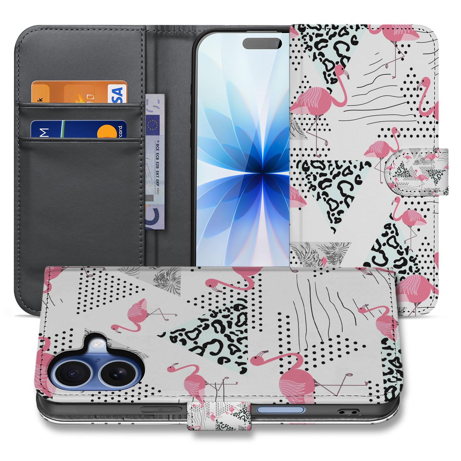 Telefoonhoesje iPhone 17 Flamingo Triangle Pasjes boekhoes roze flamingo's modern design vooraan