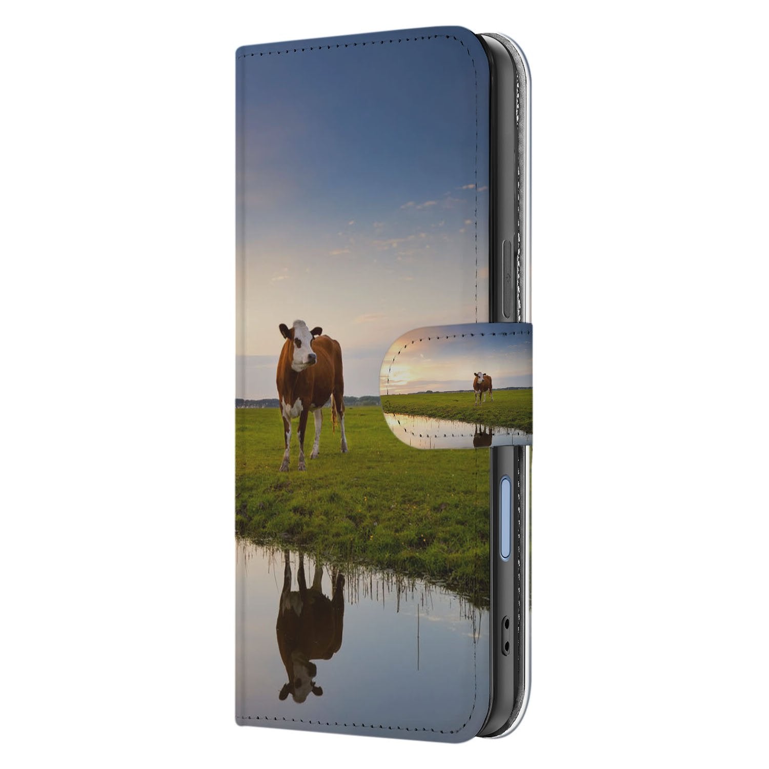 iPhone 17 Telefoonhoesje Koeienprint Zwart Wit zijkant weide reflectie
