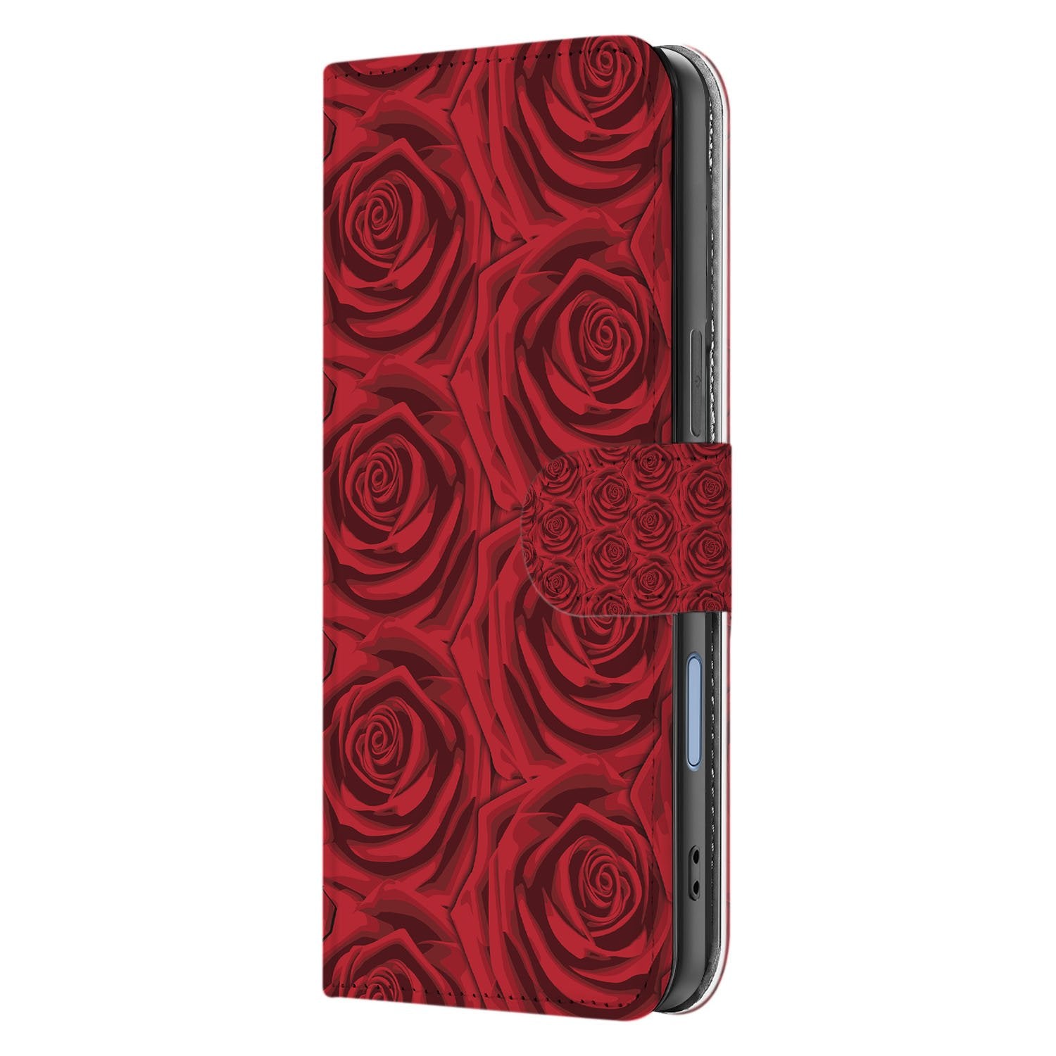 Telefoonhoesje iPhone 17 Red Roses Met Pasjeshouder bloemenprint zijkant