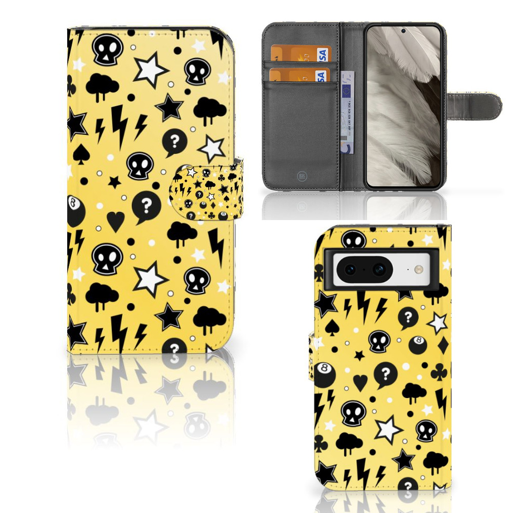 Telefoonhoesje met Naam Google Pixel 8 Punk Geel met unieke punkachtige ontwerpen en praktische vakjes voor pasjes.