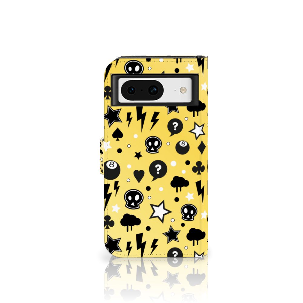 Telefoonhoesje met Naam Google Pixel 8 Punk Geel met gedurfde zwart-witte symbolen op een felgele achtergrond.