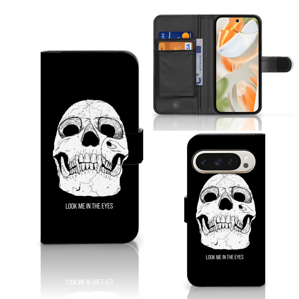 Telefoonhoesje met Naam Google Pixel 9 | 9 Pro Skull Eyes design voorzijde zijaanzicht