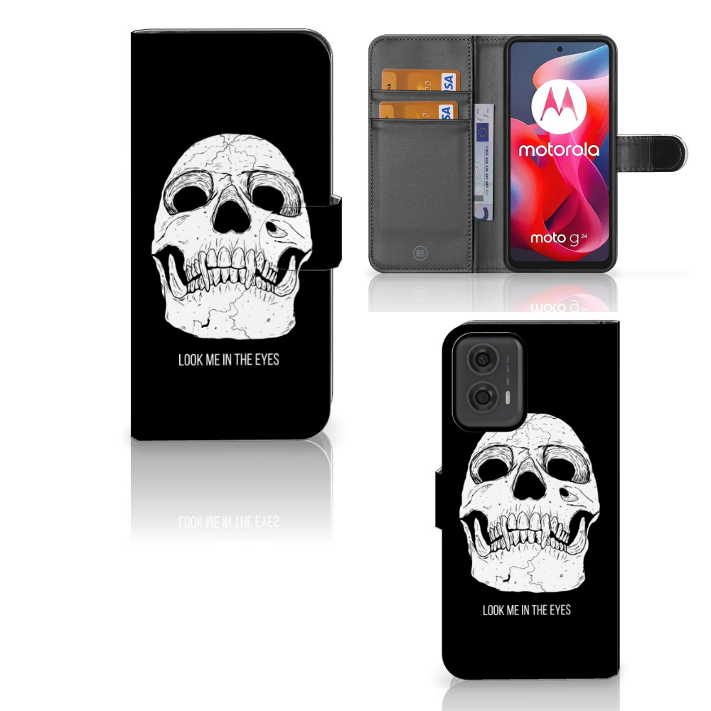 Telefoonhoesje met Naam Motorola Moto G24 | G04 | G24 Power Skull Eyes met uniek skull design en twee pasjesvakjes, perfect cadeau.