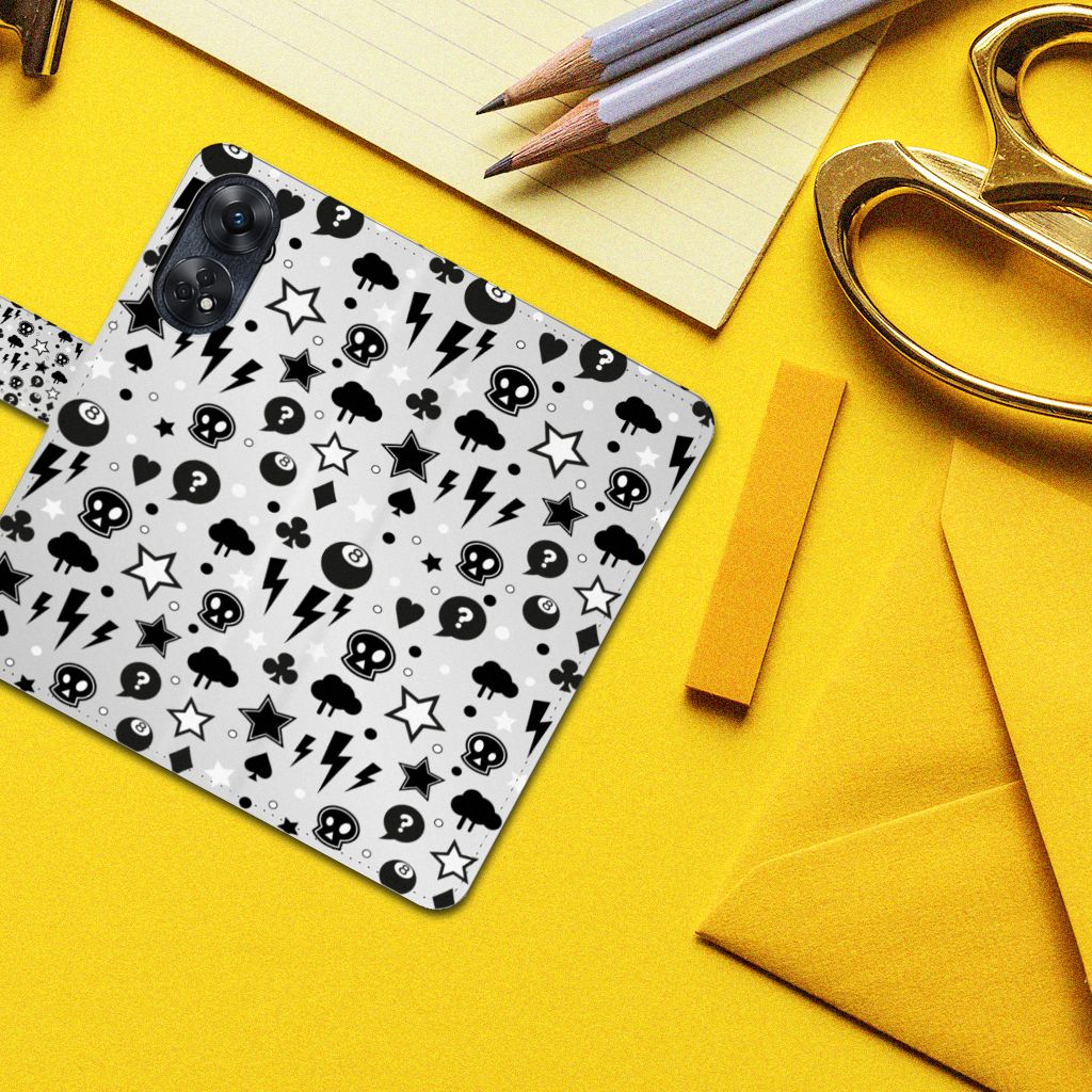 Telefoonhoesje met Naam OPPO Reno8 T 4G Silver Punk designnaam doodskoppen bliksem sterren