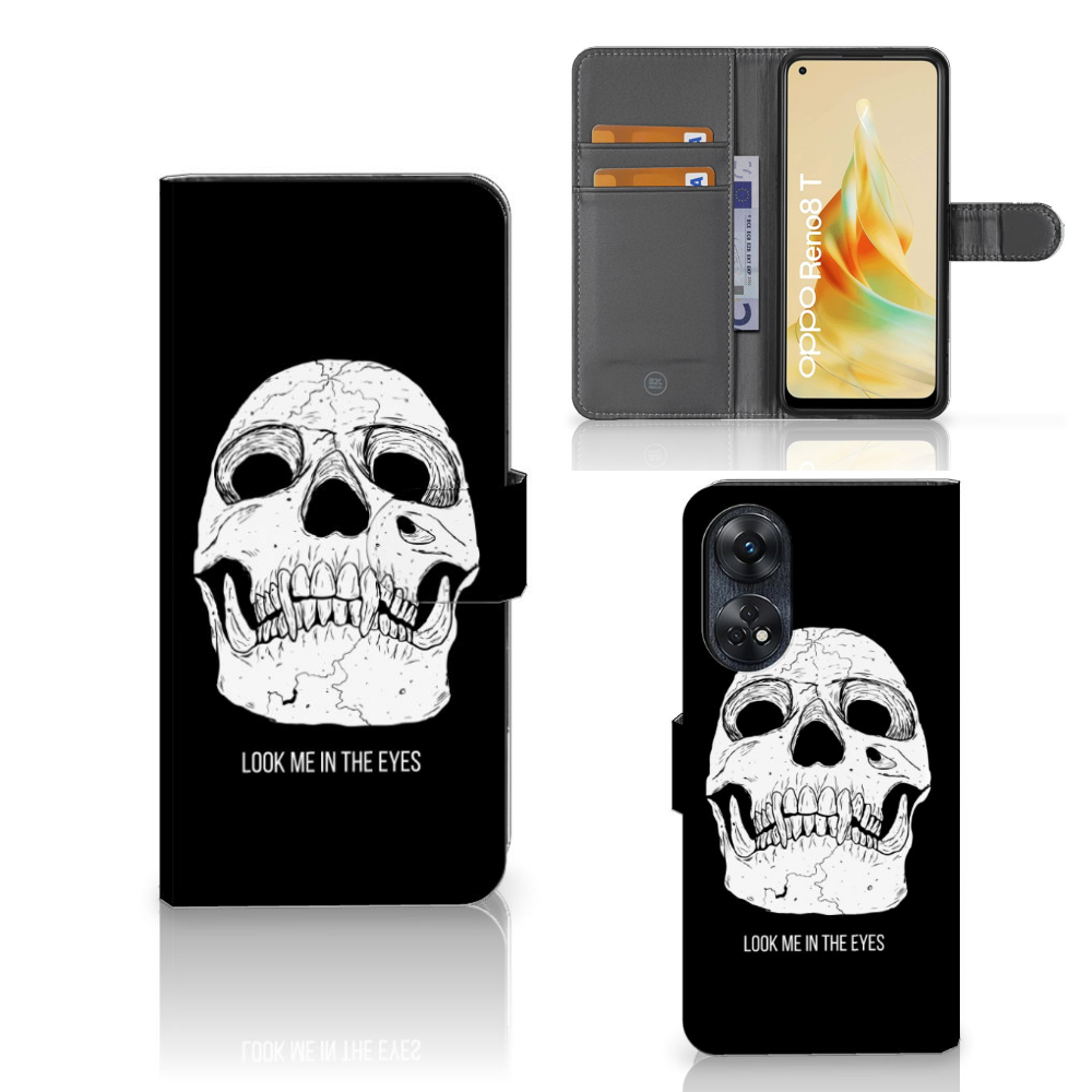 Telefoonhoesje met Naam OPPO Reno8 T 4G Skull Eyes design voorkant zijkant binnenzijde