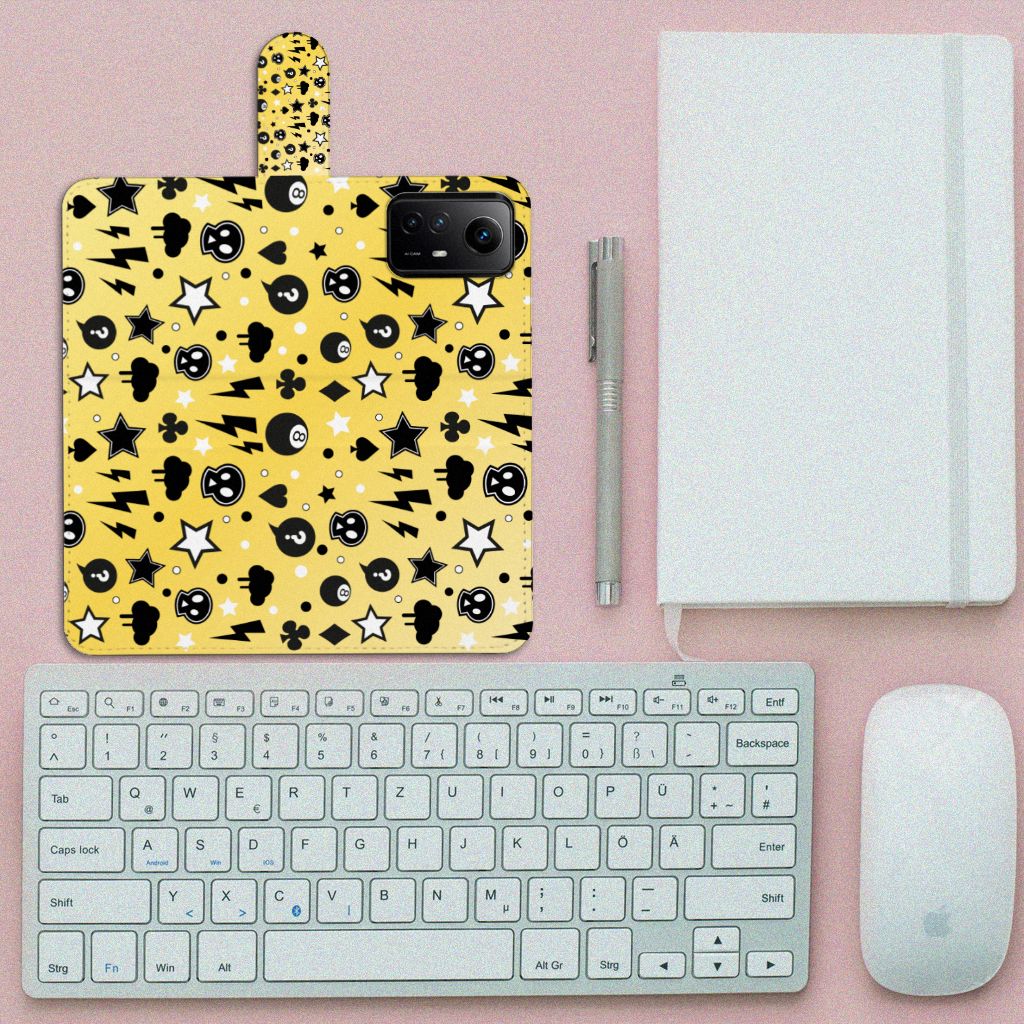 Telefoonhoesje met Naam Xiaomi Redmi Note 12S Punk Geel met een vrolijk ontwerp van sterren en gezichten.