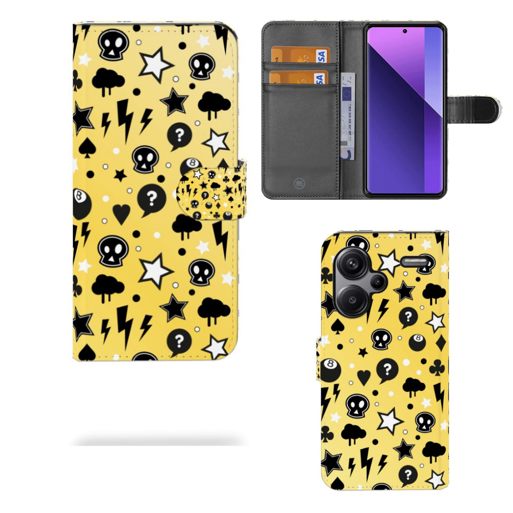 Telefoonhoesje met Naam Xiaomi Redmi Note 13 Pro Plus Punk Geel met vrolijk design en vakjes voor pasjes 🎉