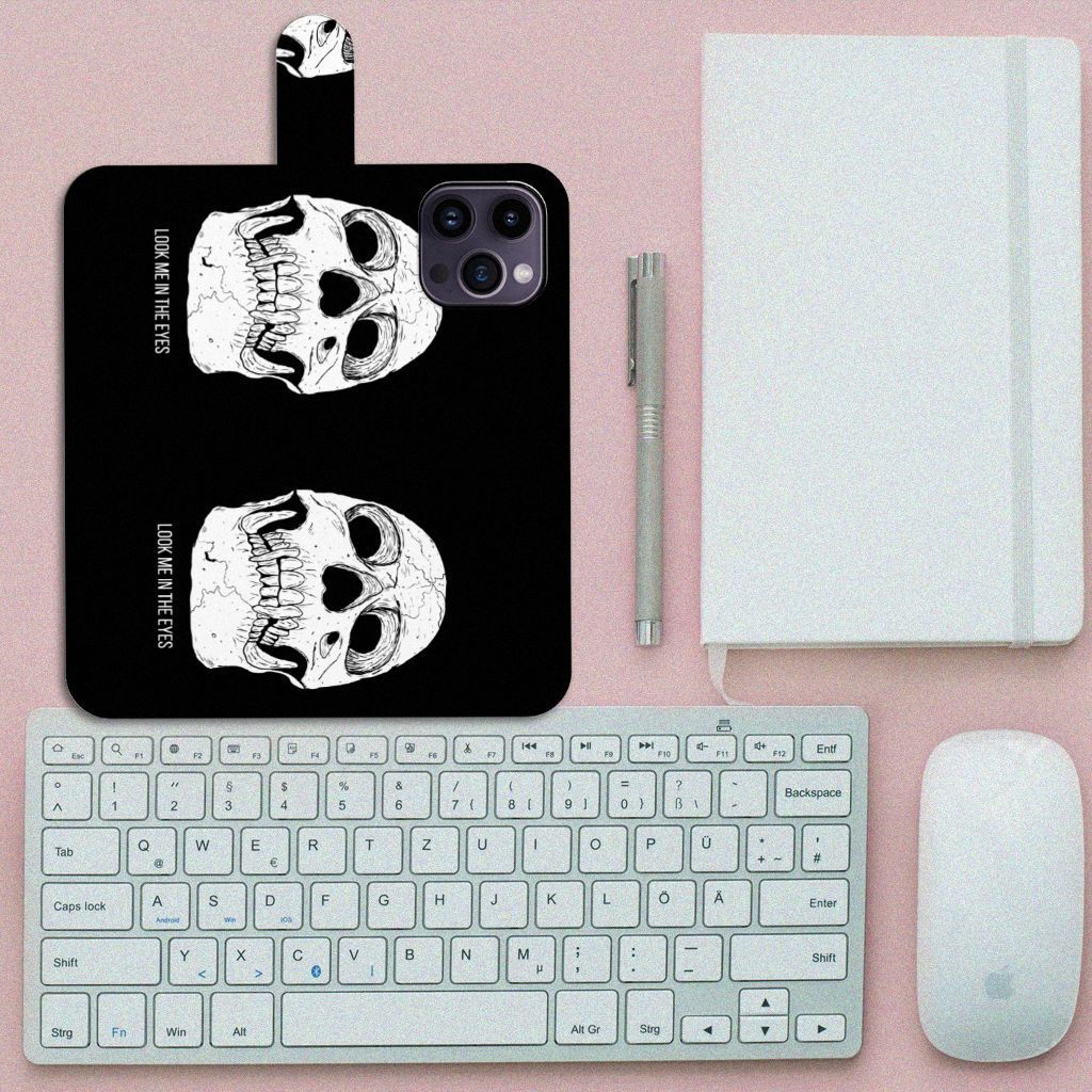 Telefoonhoesje met Naam iPhone 15 Pro Max Skull Eyes met unieke schedelontwerpen en zwarte achtergrond