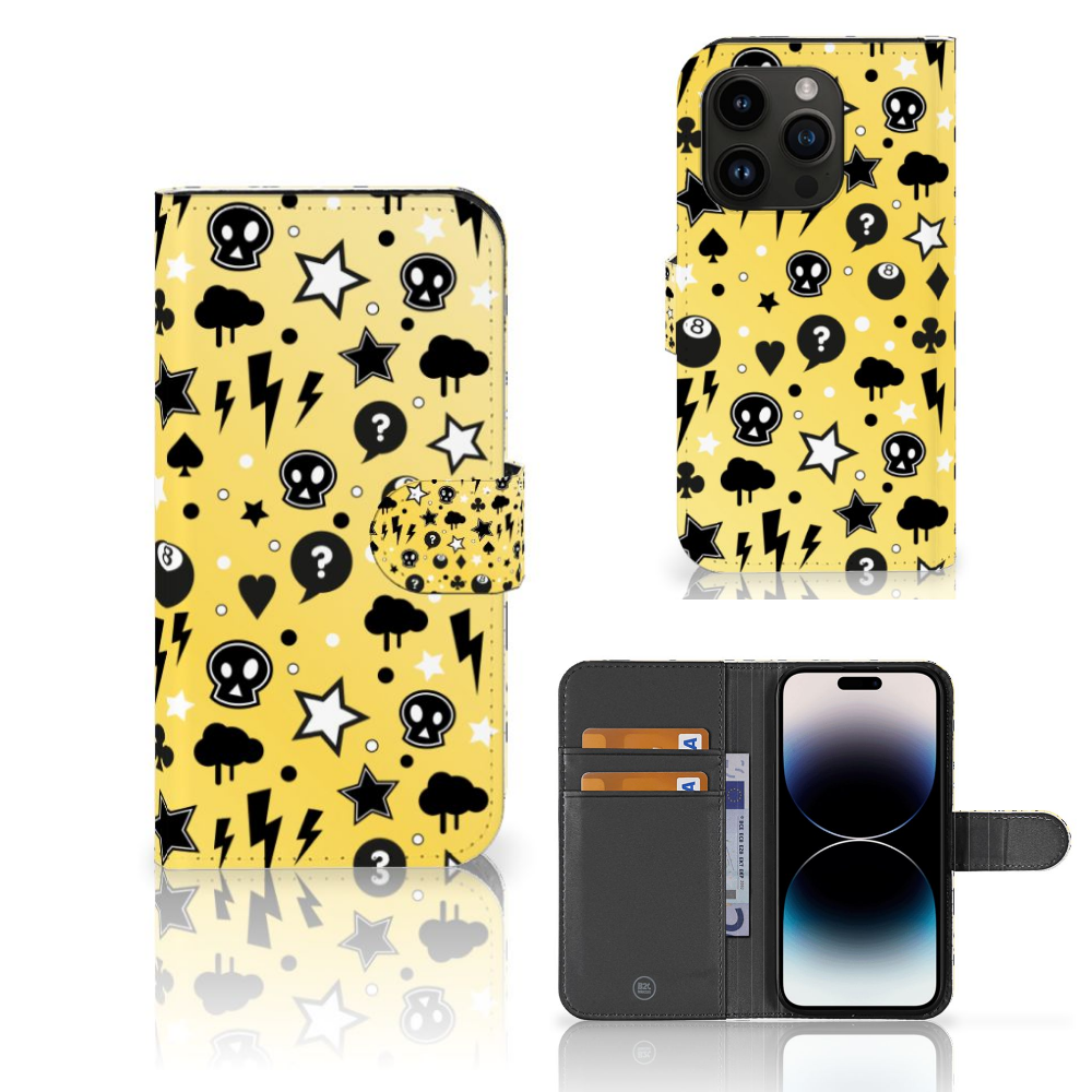 Telefoonhoesje met Naam iPhone 15 Pro Punk Geel met skulls, sterren en wolken design. 🎸