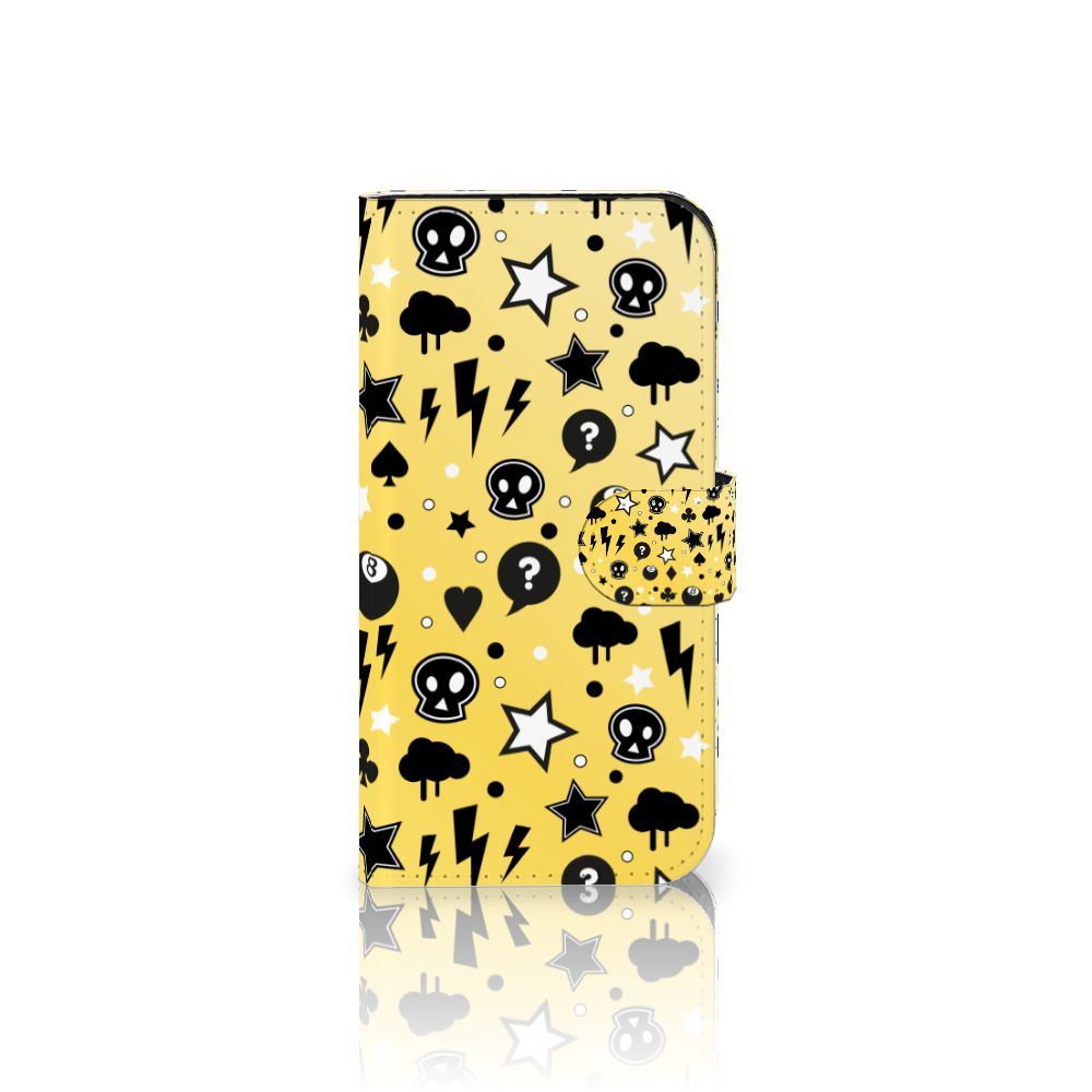 Telefoonhoesje met Naam iPhone 15 Pro Punk Geel met schattige doodskoppen en sterren 🌟