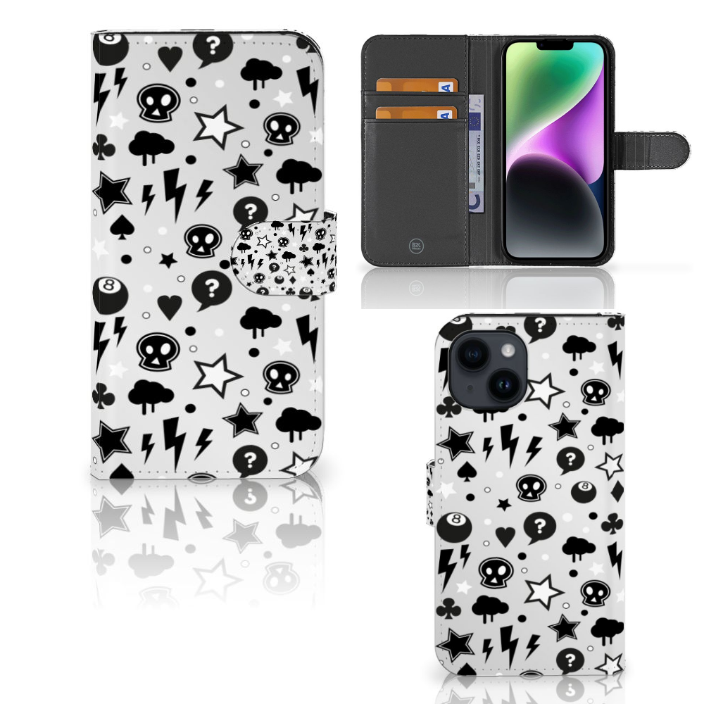 Telefoonhoesje met Naam iPhone 15 Silver Punk met opvallende ontwerpen van sterren, donderwolken en bliksemflitsen ⚡.