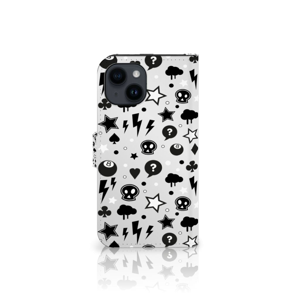 Telefoonhoesje met Naam iPhone 15 Silver Punk met unieke zwart-witte ontwerpen zoals sterren en bliksemflitsen.