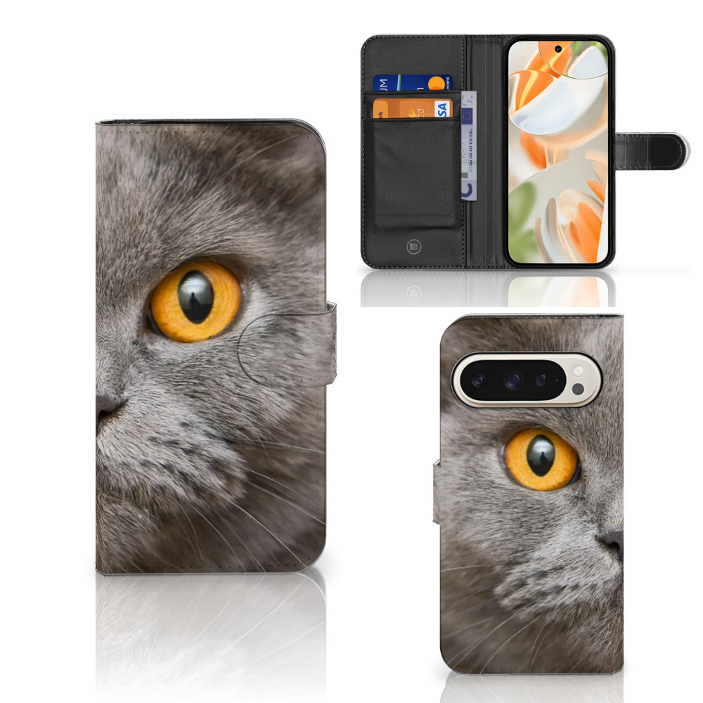 Telefoonhoesje met Pasjes Google Pixel 9 | 9 Pro Britse Korthaar kat close-up front aanzicht