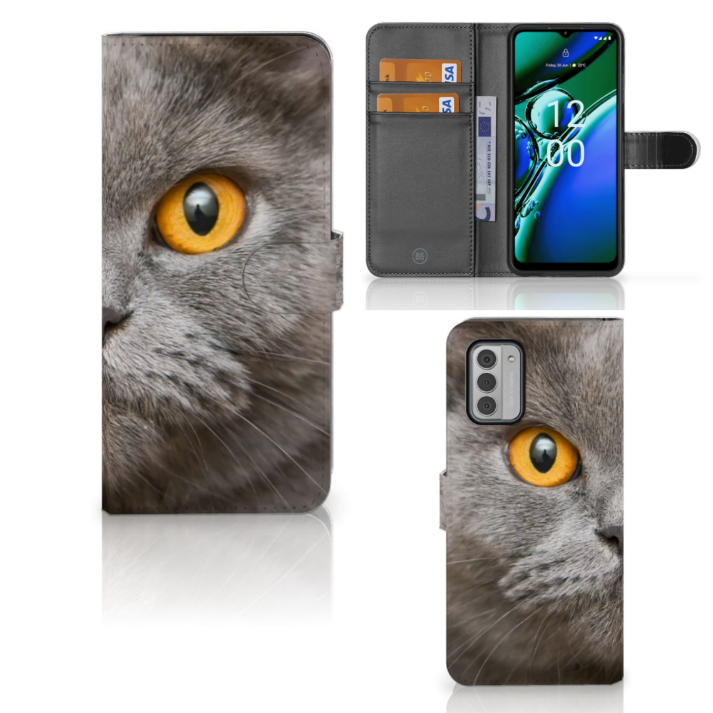 Telefoonhoesje met Pasjes Nokia G42 Britse Korthaar met afbeelding van Britse korthaar kat met gele ogen.