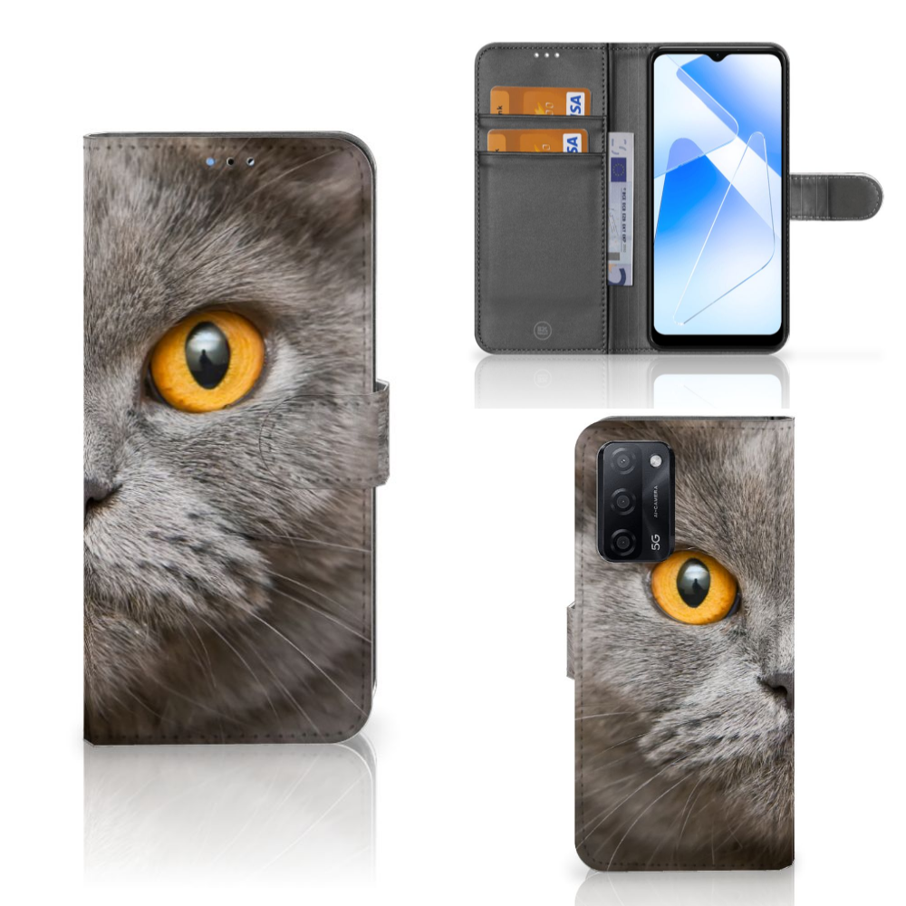 Telefoonhoesje met Pasjes OPPO A16/A16s/A54s Britse Korthaar met grijs kattenportret en magnetisch lipje.
