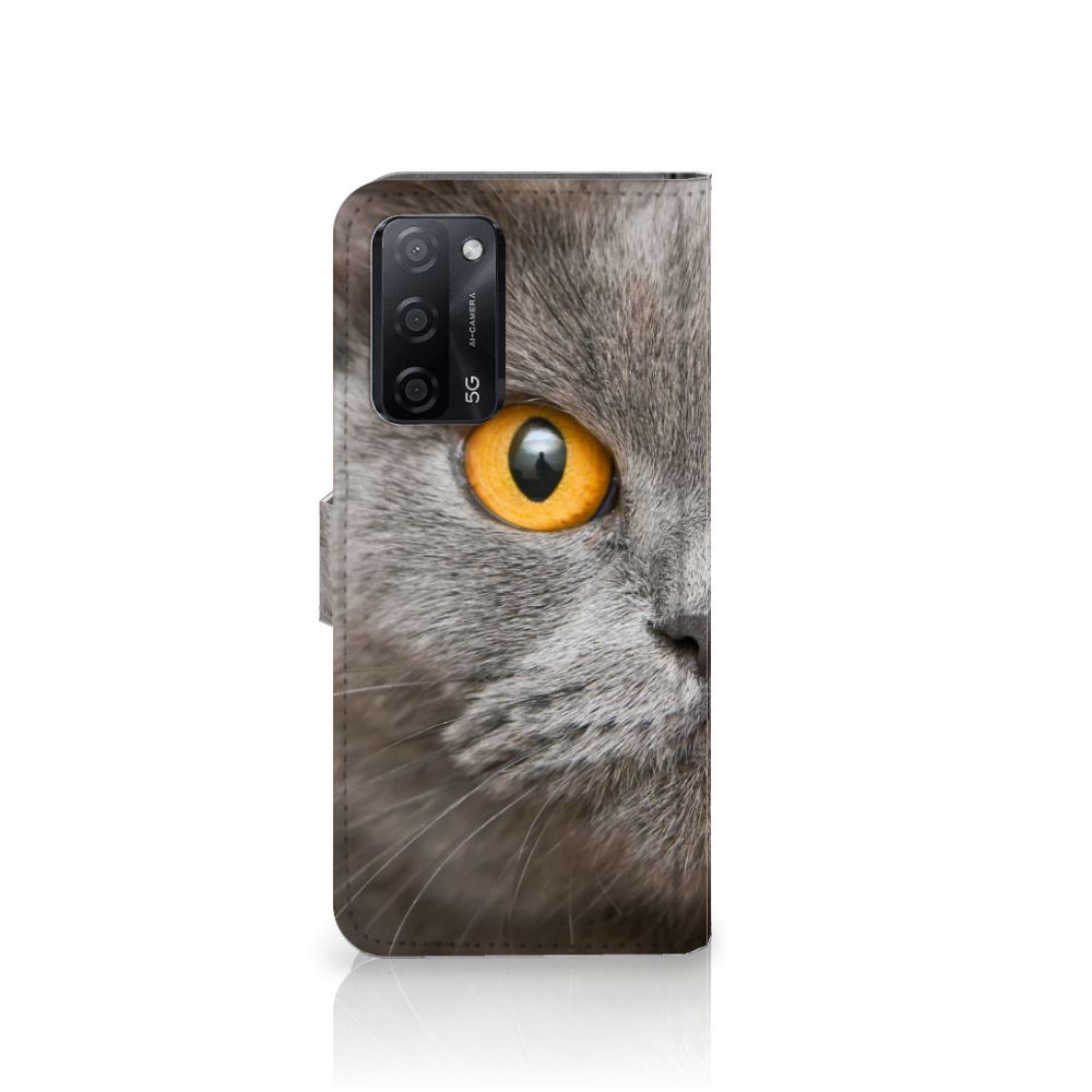 Telefoonhoesje met Pasjes OPPO A16/A16s/A54s Britse Korthaar met kattenoog en grijze vacht