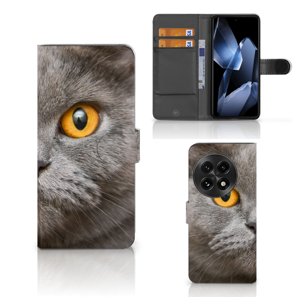 Telefoonhoesje met Pasjes OnePlus 13 Britse Korthaar kat design voorzijde zijaanzicht