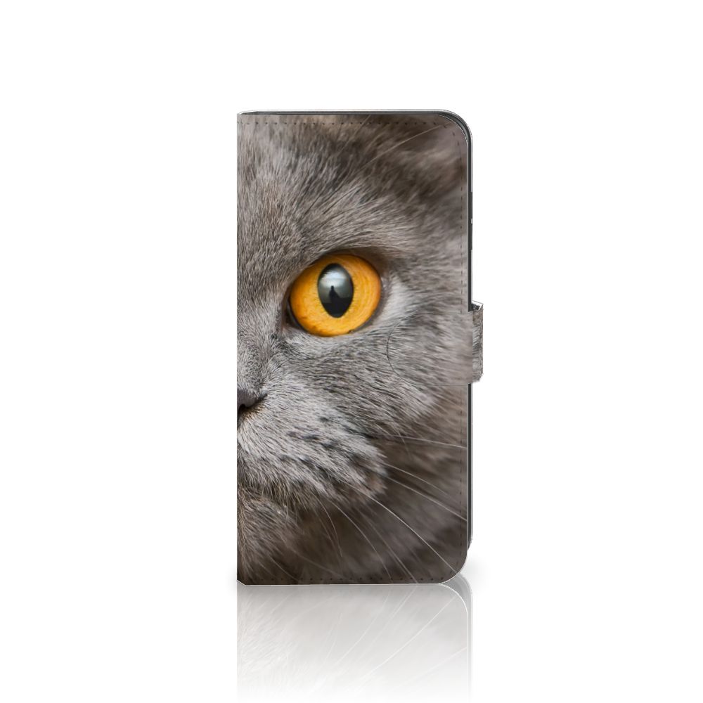 Telefoonhoesje met Pasjes Samsung Galaxy A05s Britse Korthaar met afbeelding van grijze kat en gele ogen.
