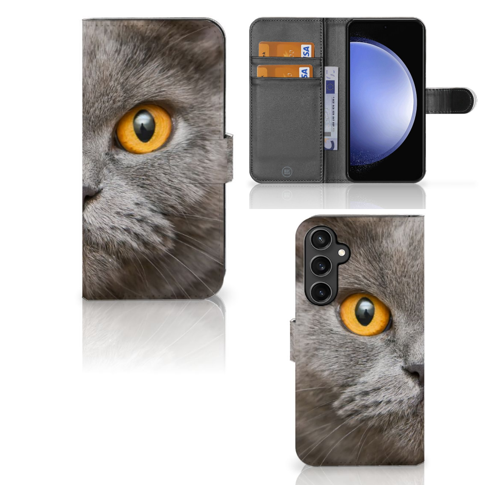 Telefoonhoesje met Pasjes Samsung Galaxy S23 FE Britse Korthaar met opvallend kattenoog.