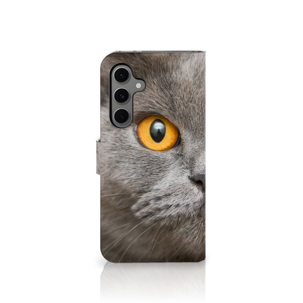 Telefoonhoesje met Pasjes Samsung Galaxy S24 FE Britse Korthaar kat gezicht oranje ogen