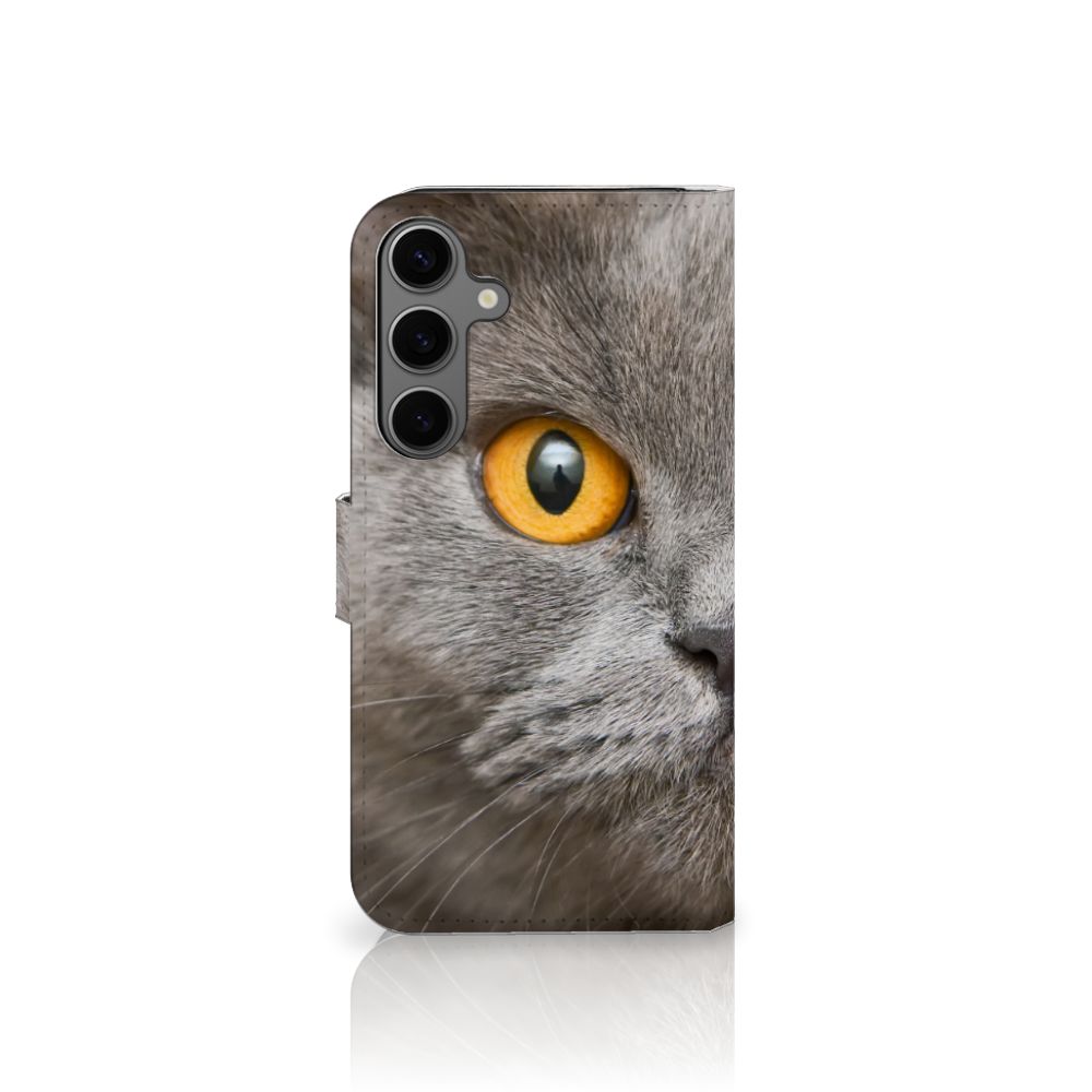 Telefoonhoesje met Pasjes Samsung Galaxy S25 Plus Britse Korthaar grijs kat oog detail