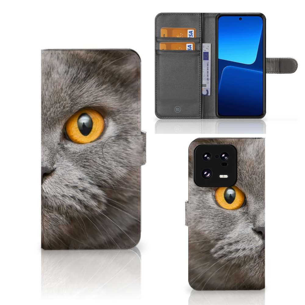 Telefoonhoesje met Pasjes Xiaomi 13 Pro Britse Korthaar met afbeelding van een kat met gele ogen.