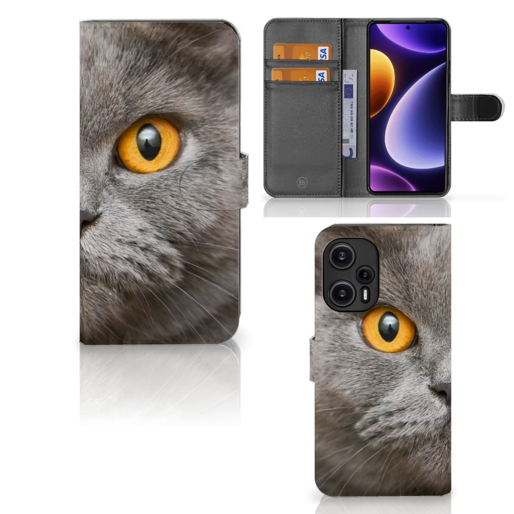Telefoonhoesje met Pasjes Xiaomi Poco F5 Britse Korthaar met een dicht beeld van een Britse korthaar kat.