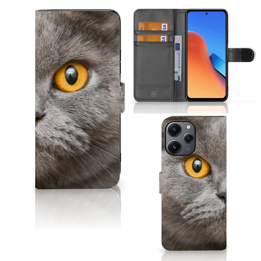 Telefoonhoesje met Pasjes Xiaomi Redmi 12 Britse Korthaar met close-up van een Britse korthaar kat.