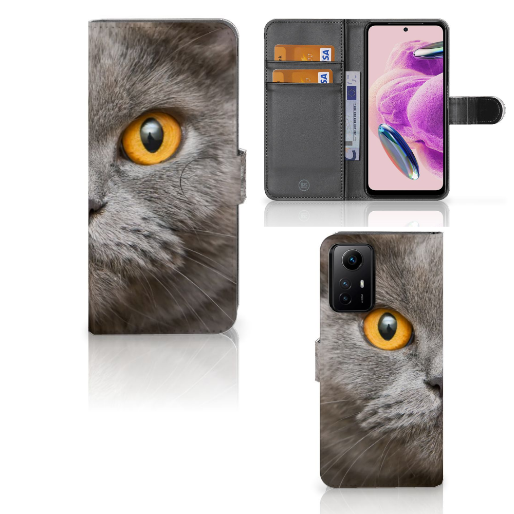 Telefoonhoesje met Pasjes Xiaomi Redmi Note 12S Britse Korthaar, met afbeelding van een Britse Korthaar kat.