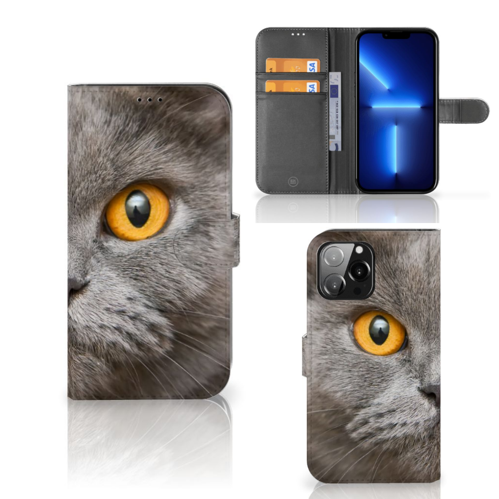 Telefoonhoesje met Pasjes iPhone 13 Pro Max Britse Korthaar designnaam cat close-up aanzicht