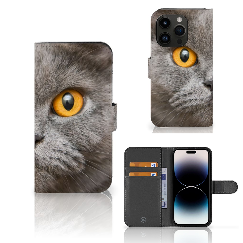 Telefoonhoesje met Pasjes iPhone 15 Pro Britse Korthaar met indrukwekkend kattenontwerp