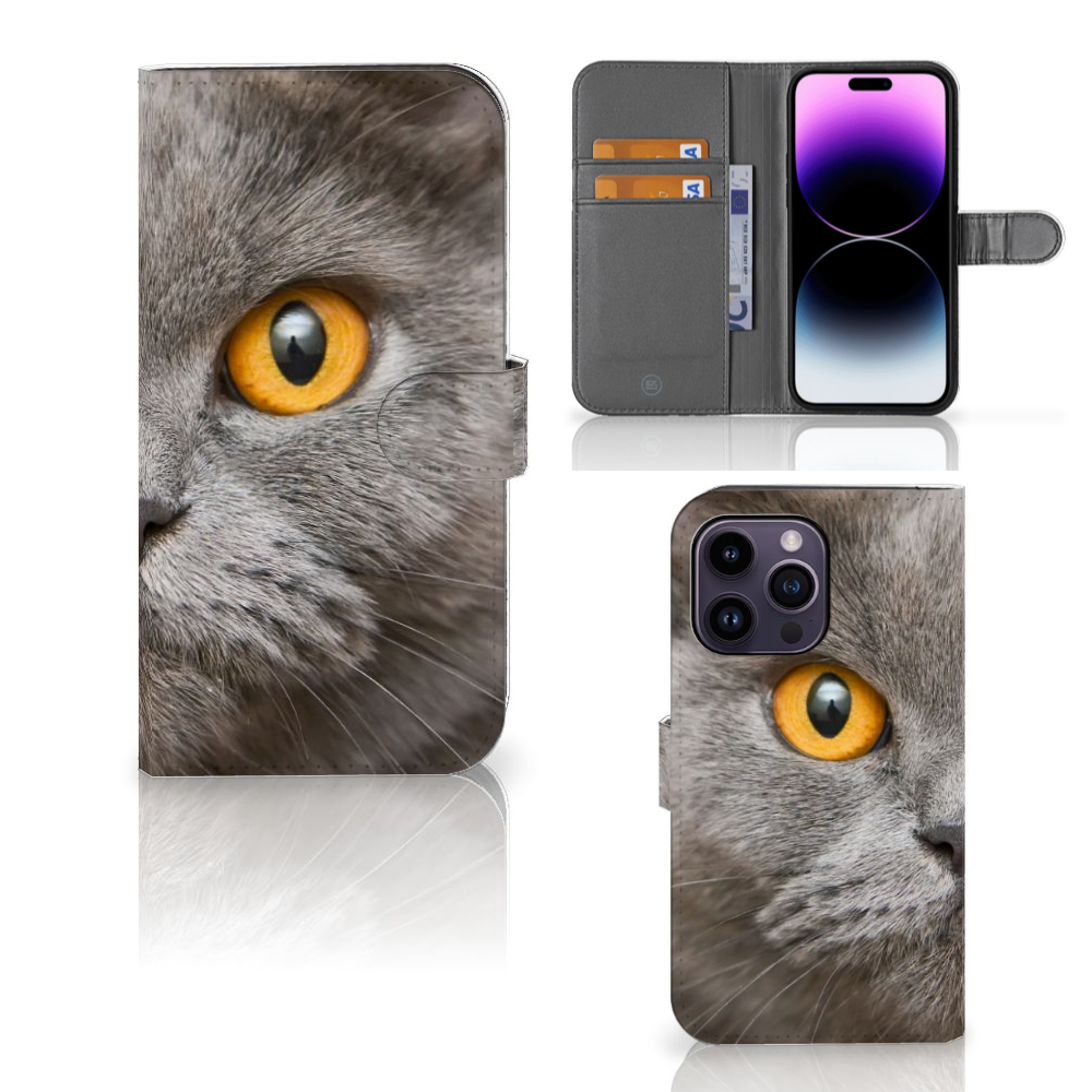 Telefoonhoesje met Pasjes iPhone 15 Pro Max Britse Korthaar met indrukwekkende kattenprint en binnen pocket voor pasjes.