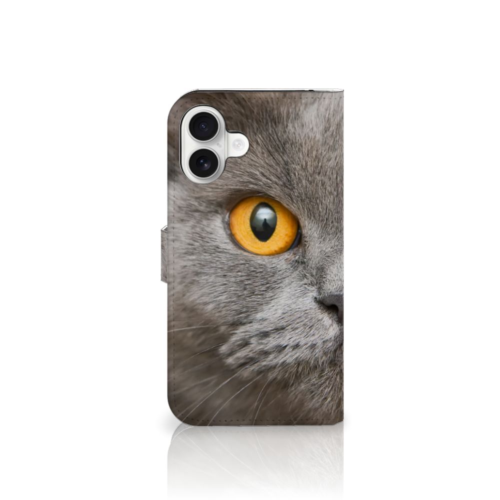 Telefoonhoesje met Pasjes iPhone 16 Plus Britse Korthaar grijze kat close-up