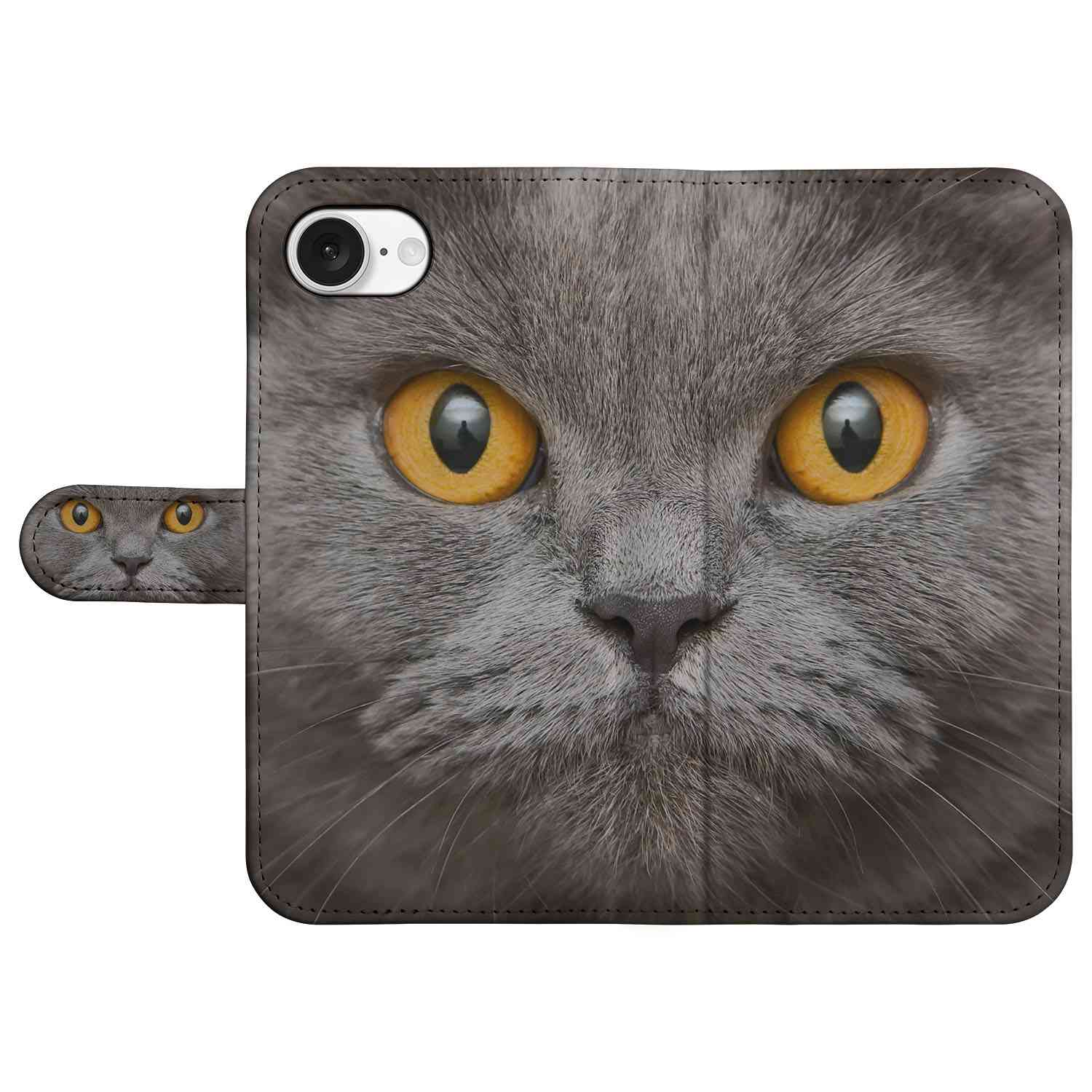 Telefoonhoesje met Pasjes iPhone 16e Britse Korthaar kat gezicht vooraan