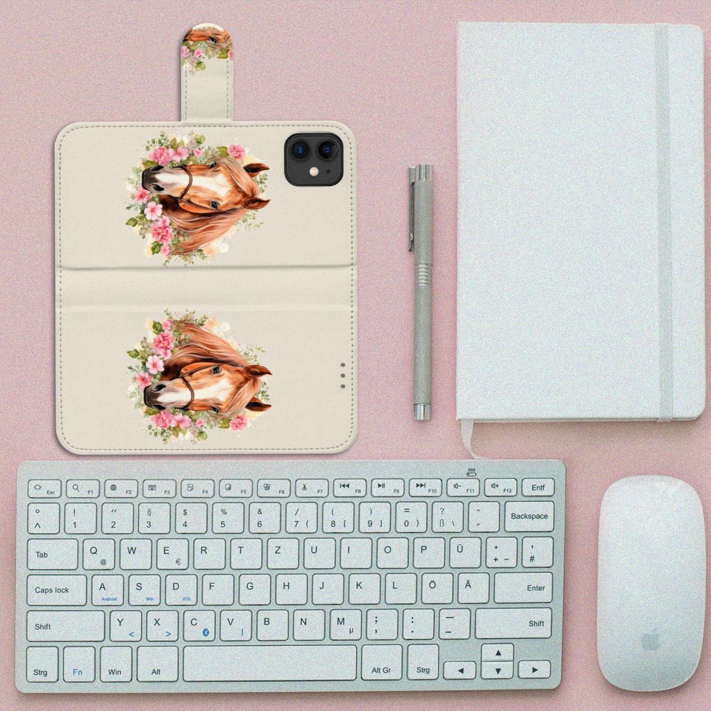 Telefoonhoesje met Pasjes voor Apple iPhone 11 Paard met paardenontwerp en bloemen, ideaal voor dierliefhebbers.