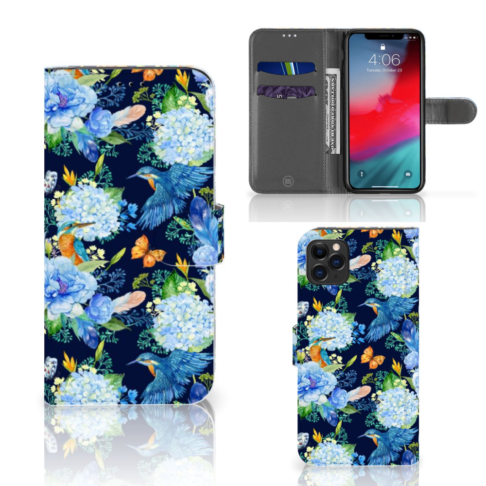Telefoonhoesje met Pasjes voor Apple iPhone 11 Pro Max IJsvogel met bloemen en een ijsvogel 🐦.